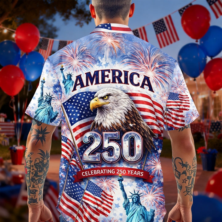 America 250th Anniversary Toile De Jouy Style Patriotic Hawaiian Shirt
