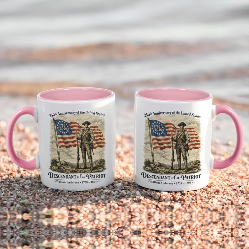 Personalized 250th Anniversary of the United States Mug, Descendant of a Patriot 1776–2026 Coffee Cup, Historic American Heritage Gift