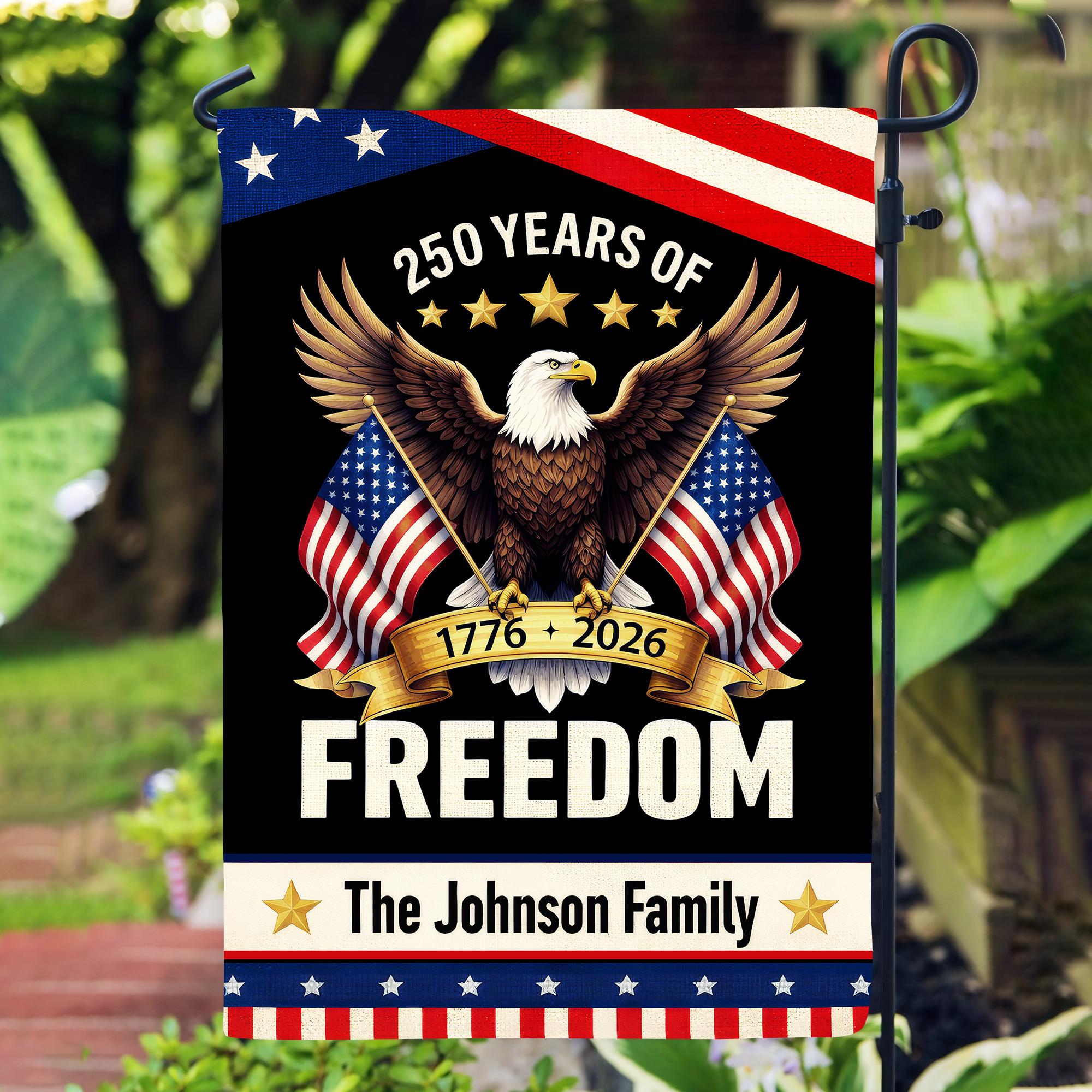 Personalized American Flag 250th Anniversary - Custom Family Name 1776-2026 Freedom Eagle Black Patriotic Garden Banner