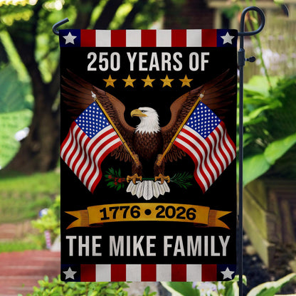 Personalized American Flag 250th Anniversary - Custom Family Name 1776-2026 Freedom Eagle Black Patriotic Garden Banner