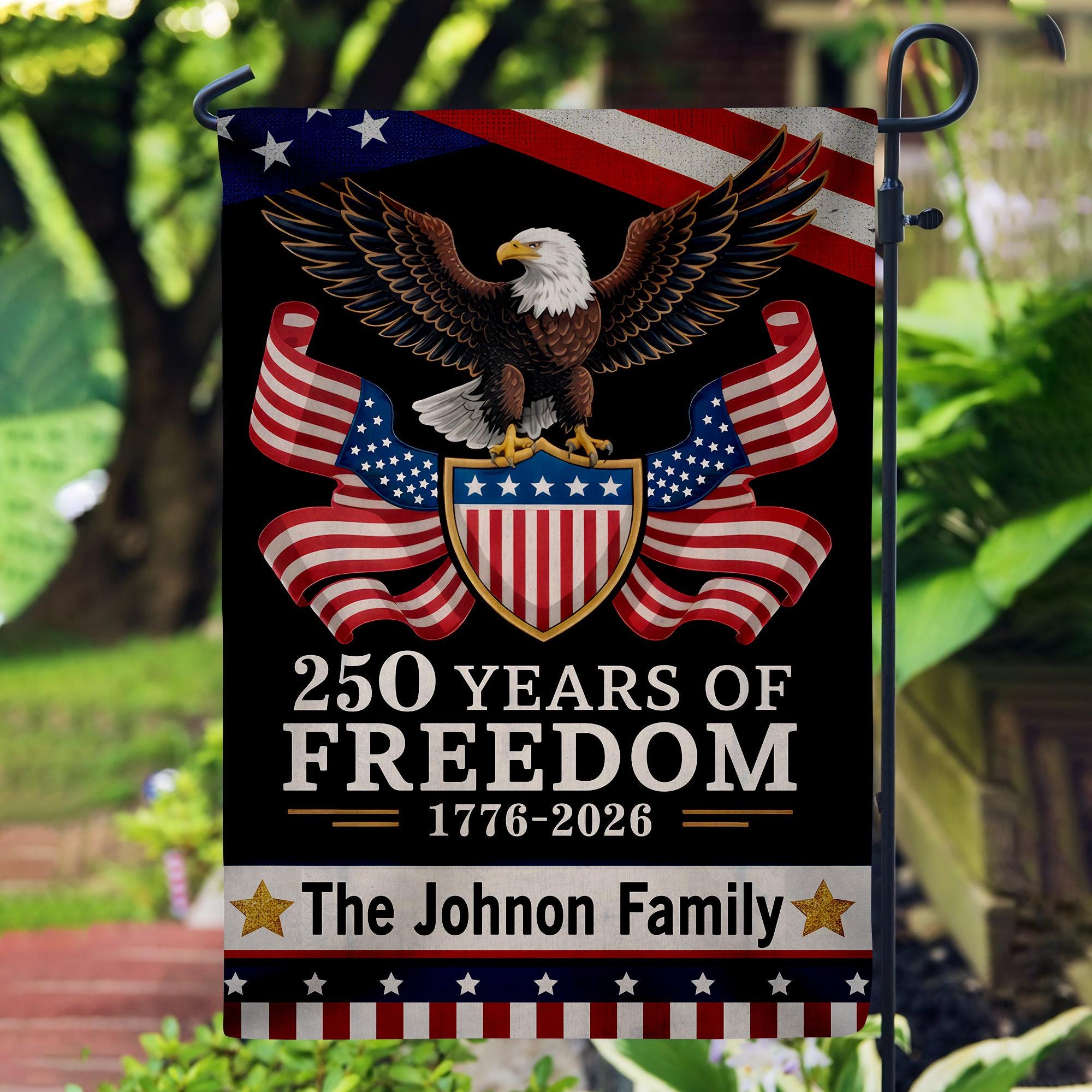 Personalized American Flag 250th Anniversary - Custom Family Name 1776-2026 Freedom Eagle Black Patriotic Garden Banner