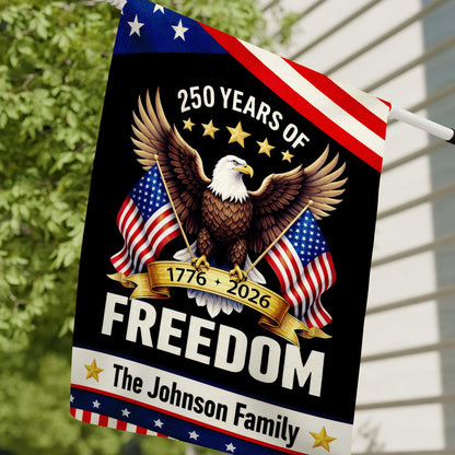 Personalized American Flag 250th Anniversary - Custom Family Name 1776-2026 Freedom Eagle Black Patriotic Garden Banner