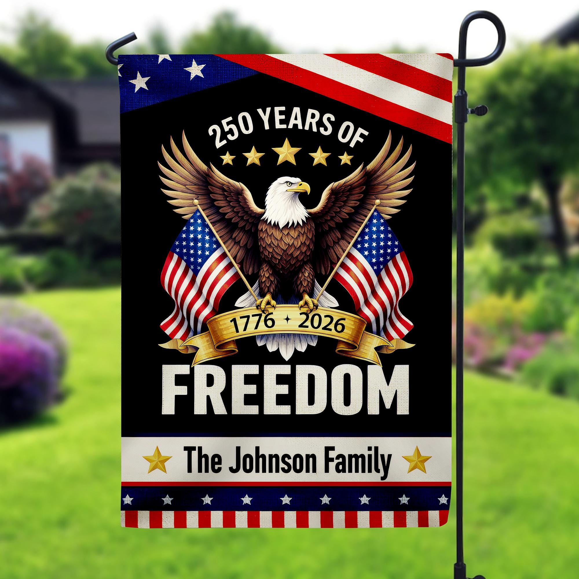 Personalized American Flag 250th Anniversary - Custom Family Name 1776-2026 Freedom Eagle Black Patriotic Garden Banner