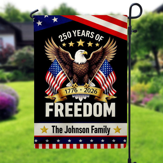 Personalized American Flag 250th Anniversary - Custom Family Name 1776-2026 Freedom Eagle Black Patriotic Garden Banner