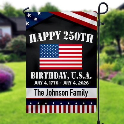 Personalized American Flag 250th Anniversary - Custom Family Name 1776-2026 Freedom Eagle Black Patriotic Garden Banner