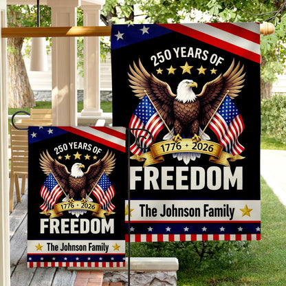 Personalized American Flag 250th Anniversary - Custom Family Name 1776-2026 Freedom Eagle Black Patriotic Garden Banner